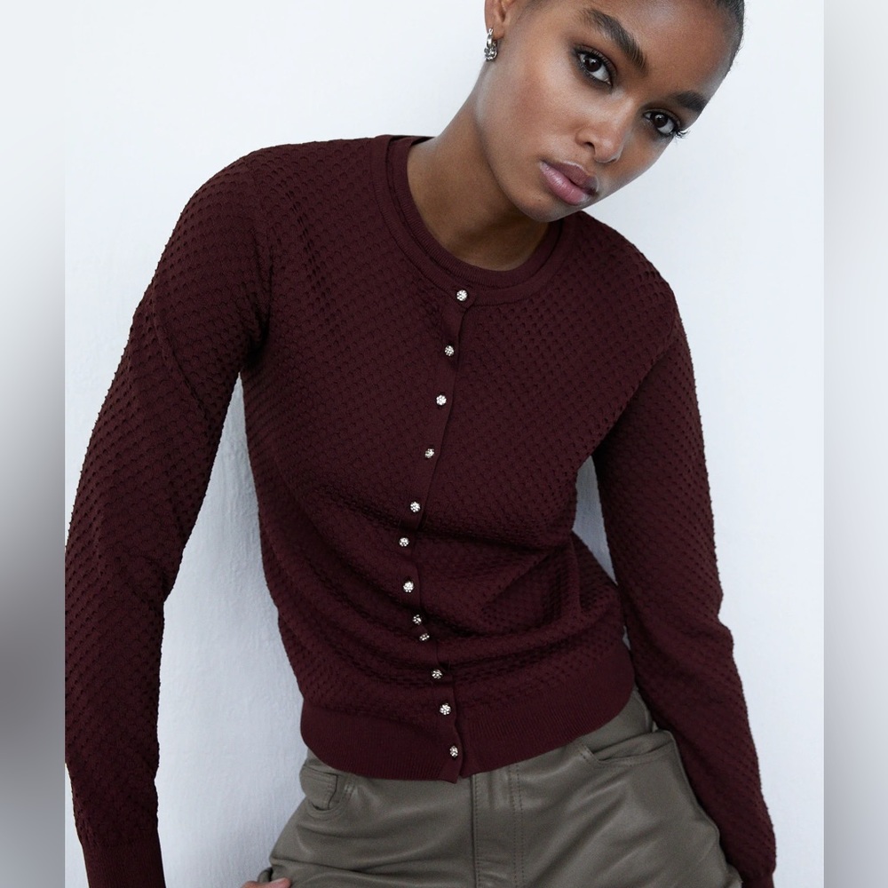 Burgundy Rhinestone Knit Cardigan